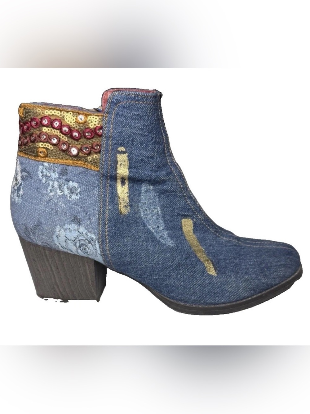 Desigual Denim Embroidered Ankle Boots Blue Jean Sequin Boho Block Heel Booties